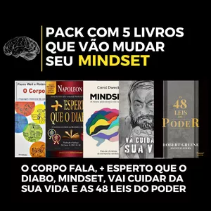 Imagem de capa para o Ebook 5 Livros para mudar seu MINDSET (O Corpo Fala, + Esperto que o Diabo, Mindset, As 48 Leis do Poder e Vai Cuidar da Sua Vida)