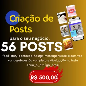 Imagem de capa para o Serviço online 56 POSTAGENS PRONTAS PERSONALIZADAS PRA VOCÊ COM CONTEÚDO E HASTAGS VÍDEO, MENSAGENS REELS, COM VOZ, CARROSSEL E GESTÃO COMPLETA.
