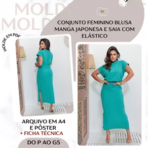 Imagem de capa para o Ebook Conjunto Feminino | Blusa Manga Japonesa e Saia com Elástico - Molde em PDF