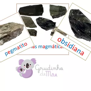 Imagem de capa para o Curso online Cartões Montessori - Rochas magmáticas - Letra imprensa, caixa baixa colorida