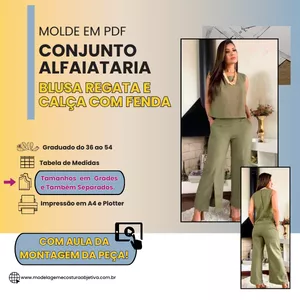 Imagem de capa para o Curso online Molde em PDF: 2 peças -  Conjunto Alfaiataria - Blusa Regata e Calça com Fenda (com aula de costura)