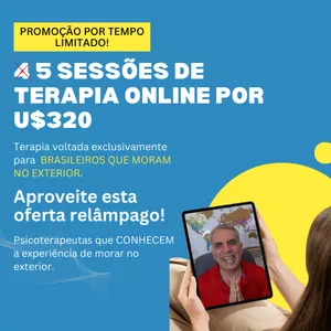 Imagem de capa para o Serviço online 4 Sessões de Terapia Online para Brasileiros que residem no Exterior + 1 sessão de bônus