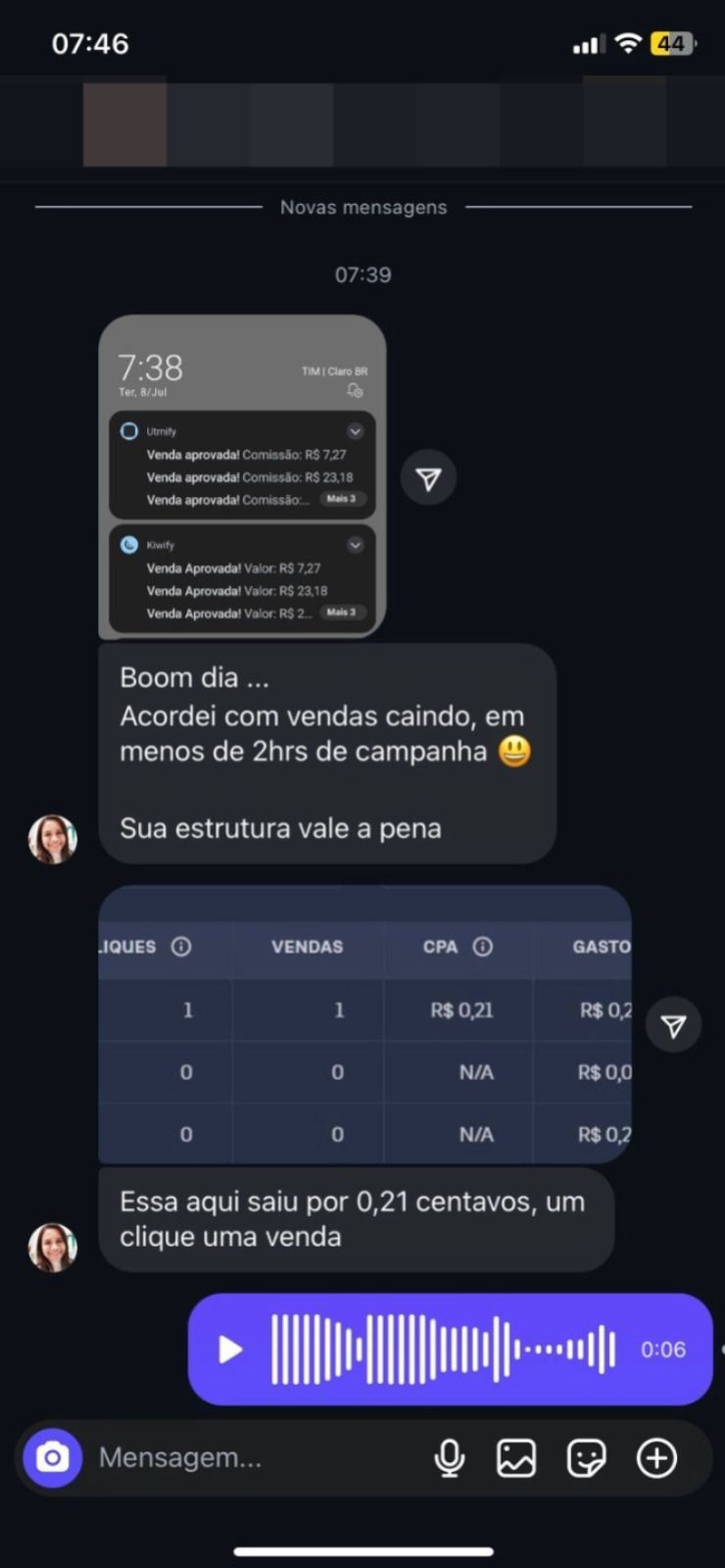 Cliente contando que fez vendas a 21 centavos
