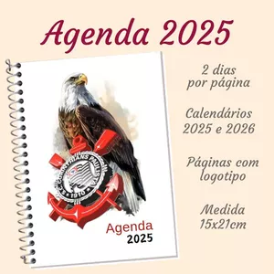 Imagem de capa para o Ebook Agenda 2025 com 2 dias por página, medida 15x21cm, calendários 2025 e 2026 - Corinthians - m74