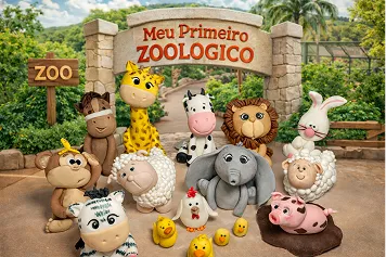Capa do Curso Meu Primeiro Zoológico - Modele 25 Animais em Pasta Americana tendo uma partes dos 25 personagens (zebra, cavalo, vaquinha, leão, coelho, ovelhas, macaco, elefante baby, porquinho, galinha, pintinhos, patinhos) ambientados num fundo de zoológico.