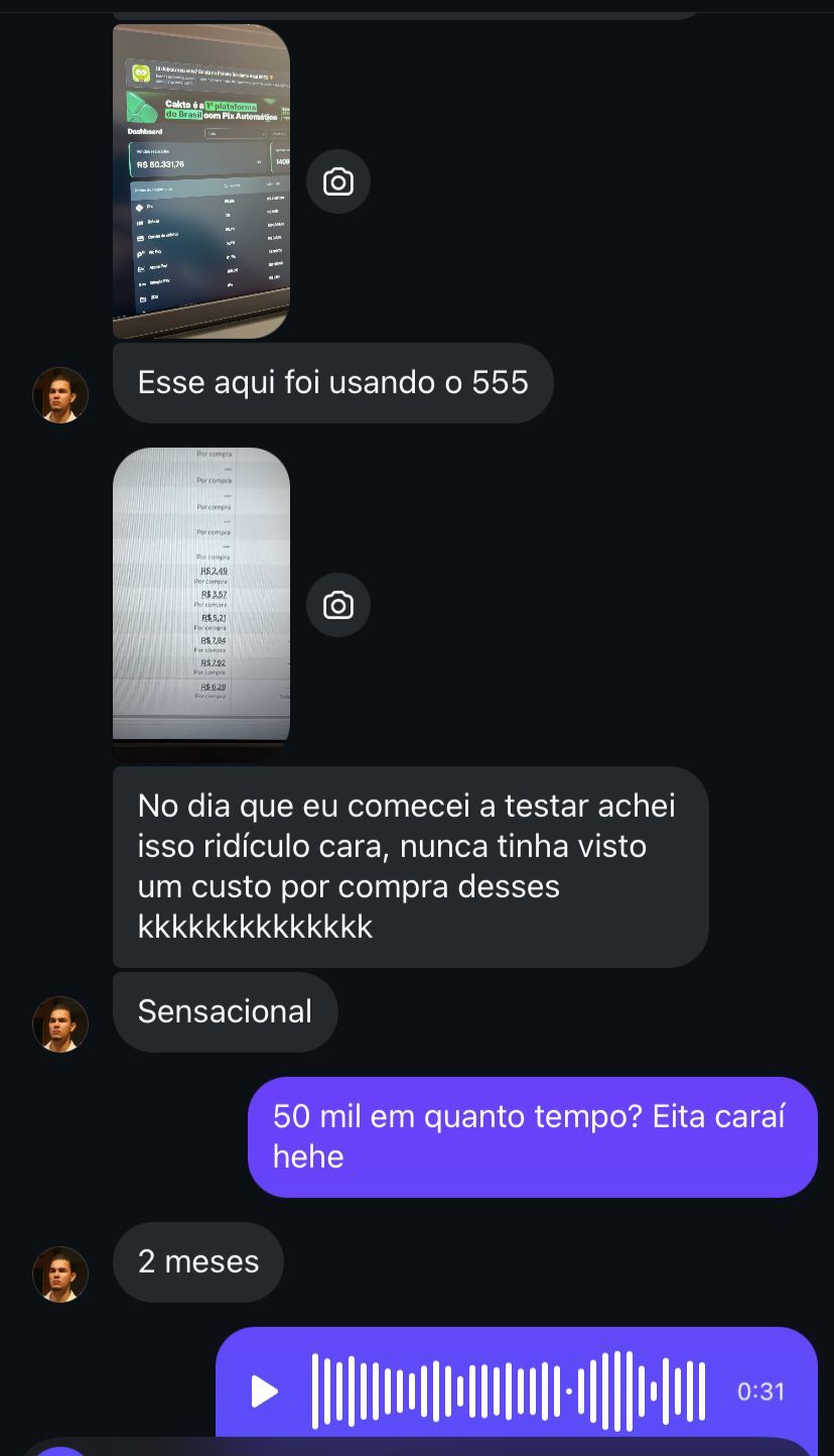 Cliente contando que fez R$ 50 mil em 2 meses
