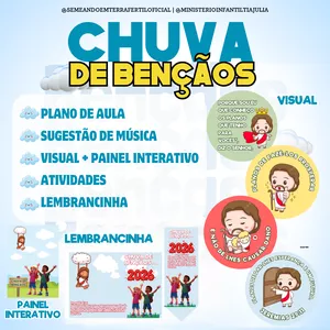 Imagem de capa para o Ebook CHUVA DE BENÇÃOS 🌦️🌧☔️💙 Plano de aula completo para o ministério infantil para crianças de 03 a 12 anos 