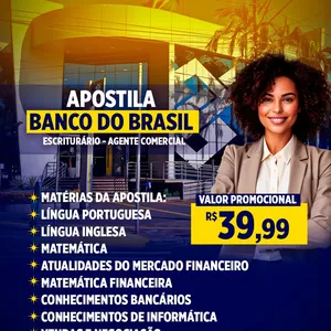 Imagem de capa para o Ebook APOSTILA BANCO DO BRASIL 2026 - AGENTE COMERCIAL ESCRITURÁRIO