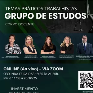 Imagem de capa para o Curso online GRUPO DE ESTUDOS 2025 - TEMAS PRÁTICOS TRABALHISTAS