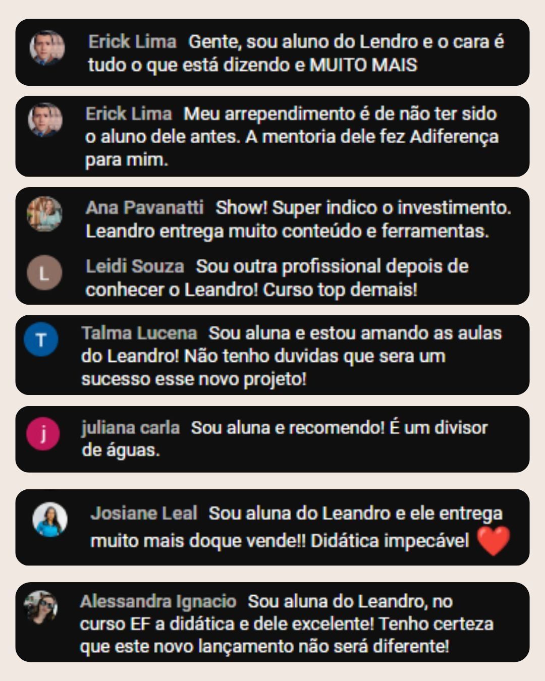 Comentários de alunos sobre a formação