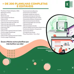 Imagem principal do produto + DE 200 PLANILHAS COMPLETAS E EDITÁVEIS (Brinde 5 Vídeo Aulas - Montando Planilhas de sucesso)