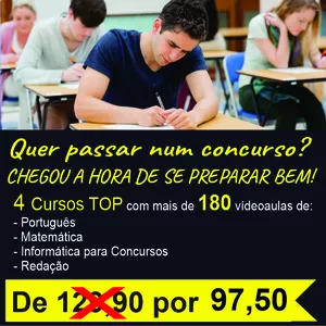 ACESSO ILIMITADO A 4 CURSOS COMPLETOS E ESSENCIAIS PARA CONCURSOS PÚBLICOS: PORTUGUÊS, MATEMÁTICA, INFORMÁTICA e REDAÇÃO PARA CONCURSOS.