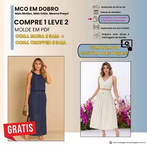 Imagem de capa para o Curso online Molde em PDF: Kit Compre 1 e Leve 2 - Conjunto cropped e saia com pregas + Conjunto blusa mullet e saia com fenda (com aula de costura das peças)
