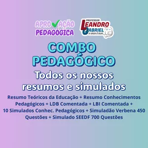 Imagem de capa para o Ebook COMBO: Resumo Teóricos + Resumo Conhecimentos Pedagógicos + LDB Comentada + LBI Comentada + 10 Simulados Conhec. Pedagógicos + Simuladão Verbena 450 Questões + Simulado SEDF 700 Questões [PDF].