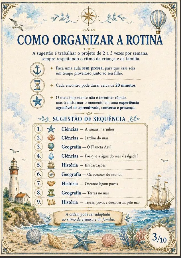 Página do Guia do Tutor do Projeto Oceanos com orientações para organizar a rotina, duração das atividades e sugestão de sequência das experiências educativas.
