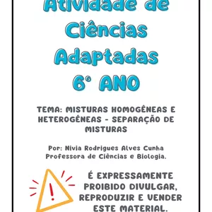 Imagem de capa para o Ebook ATIVIDADE ADAPTADA DE CIÊNCIAS 6 ANO - MISTURAS E SEPARAÇÃO DE MISTURAS.