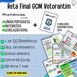 Imagem de capa para o Ebook Reta Final GCM Votorantim  Simulados + Mnemônicos e dicas