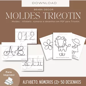 Imagem de capa para o Ebook Kit Moldes PDF para Tricotin  (3)- Alfabeto, números cursiva + 50 desenhos 