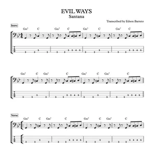 Cover image for Ebook EVIL WAYS (Santana) Bass Transcription, Score &amp; Tab Lesson