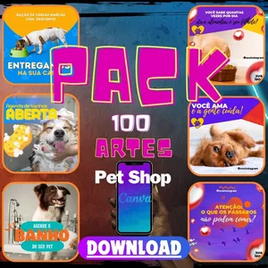 Imagem de capa para o Ebook Pacote de 100 Artes Editáveis Canva para Pet Shop.