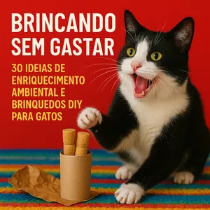 Imagem de capa para o Ebook Brincando sem gastar - 30 ideias de Enriquecimento Ambiental e Brinquedos DIY para Gatos
