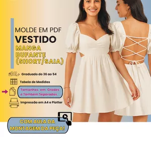 Imagem de capa para o Curso online VT063 - MOLDE EM PDF - VESTIDO MANGA BUFANTE (SHORT E SAIA) com vídeo da montagem da peça.