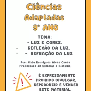 Imagem de capa para o Ebook Atividade de Ciências  Adaptadas  9° ANO - Luz e cores / Reflexão da luz / Refração da luz