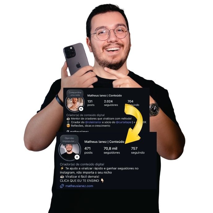matheus ianez com celular na mão ensinando a viralizar no instagram