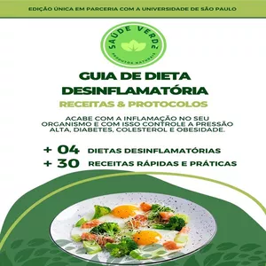 Imagem de capa para o Ebook Guia de Dieta desinflamatória  _ 4 Dietas Desinflamatórias + 30 Receitas Rápidas e Práticas para Desinflamar e Secar