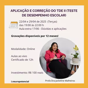 Imagem de capa para o Curso online Curso Aplicação e Correção do TDE II (Teste de Desempenho Escolar)