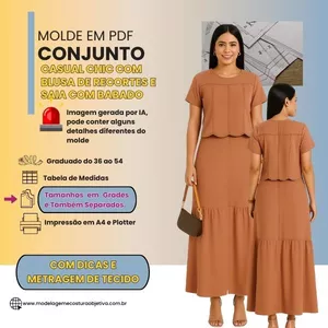 Imagem de capa para o Curso online Molde em PDF: Conjunto Casual Chic com Blusa de Recortes e Saia com Babado.
