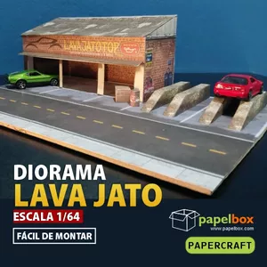 Imagem de capa para o Ebook Projeto Diorama Papercraft Lava Jato Top Escala 1/64 para imprimir, recortar e montar