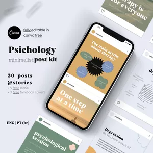 Imagem de capa para o Curso online Pack de posts minimalista de psicologia | Editável no canva FREE | pt br/eng