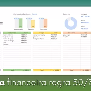 Imagem de capa para o Ebook Planilha financeira Regra 50/30/20 - Google Sheets