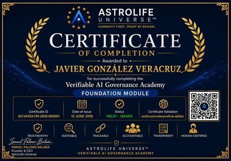 AstroLife Universe - Certificate of Completion for the Verifiable AI Governance Academy – Foundation Module, featuring unique certificate ID, QR verification and digital certificate validation. / Certificado oficial de finalización con identificación única, validación digital y verificación mediante código QR.