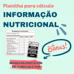 Imagem de PLANILHA PARA CÁLCULO DA INFORMAÇÃO NUTRICIONAL - NOVA LEGISLAÇÃO (RDC 429) criado por Maíra Namorato na hotmart