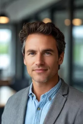 Homem com blazer cinza em ambiente profissional, representando depoimento de usuário satisfeito com a planilha