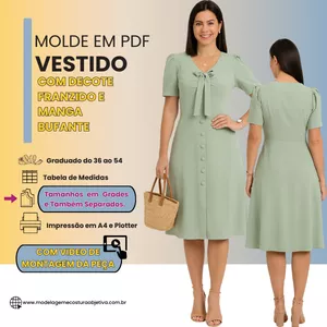 Imagem de capa para o Curso online Molde em PDF - Vestido com Decote Franzido e Manga Bufante (COM VÍDEO DE MONTAGEM DA PEÇA)
