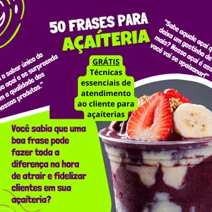 Imagem de capa para o Ebook Domine as Redes Sociais: 50 Frases para Açaíterias de Sucesso + (BRINDE) A Arte do Atendimento: Guia para Açaíterias que Querem se Destacar