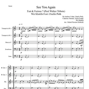 Imagem de capa para o Ebook Arranjo da música "See You Again" de Wiz Khalifa para o filme "Velozes e Furiosos 7", para Quinteto de Metais