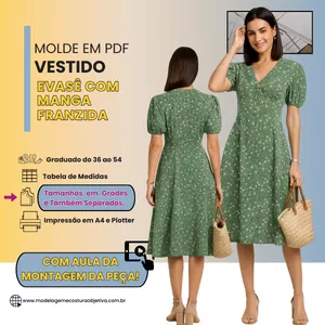 Imagem de capa para o Curso online MOLDE EM PDF - VESTIDO EVASÊ COM MANGA FRANZIDA (COM VÍDEO DE MONTAGEM DA PEÇA)