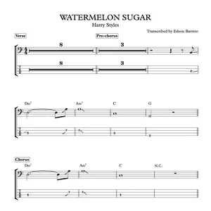 Cover image for Online course WATERMELON SUGAR (Harry Styles) Bass Transcription, Score &amp; Tab Lesson