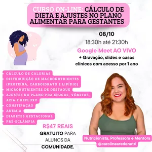 Imagem do curso CÁLCULO DE DIETA E AJUSTES NO PLANO ALIMENTAR DE GESTANTES 