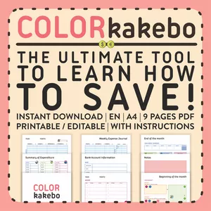 Imagem principal do produto COLOR kakebo | Easy finance, Learn to save, Flexible calendar, Printable & Editable, Kakeibo | Usd & Eur coins | ENGLISH