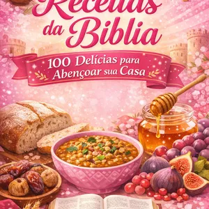 Imagem de capa para o Ebook 📖 Receitas da Bíblia – 100 Delícias para Abençoar sua Casa  Você já imaginou preparar pratos inspirados nos tempos bíblicos e ainda trazer mais presença de Deus para o seu dia a dia? ✨  Este eBook foi criado especialmente para quem deseja unir culinária 