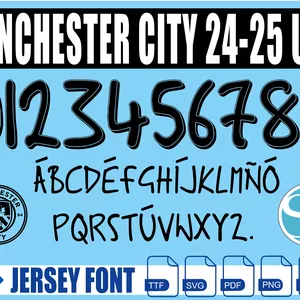 Cover image for Online course FONT MANCHESTER CITY 24-25 UCL VECTOR TTF, SVG, Digital Download Jersey Name - Numbers / Football Vector Font