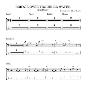 Cover image for Ebook BRIDGE OVER TROUBLED WATER (Elvis Presley) Bass Transcription, Score &amp; Tab Lesson