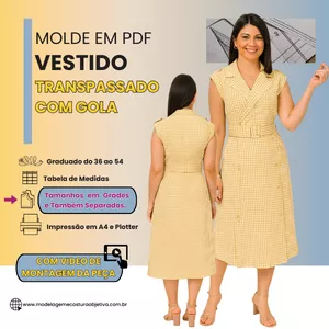 Imagem de capa para o Curso online MOLDE EM PDF - VESTIDO TRANSPASSADO COM GOLA.(COM VÍDEO MONTAGEM DA PEÇA)