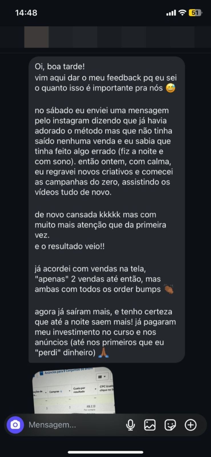 Cliente contando que fez vendas