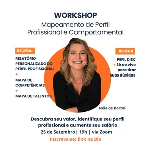 Imagem de capa para o Evento online WORKSHOP MAPEAMENTO PERFIL PROFISSIONAL | RECEBA: Teste de Perfil Personalizado + Mapa de Competências + Mapa de Talento + Perfil DISC 